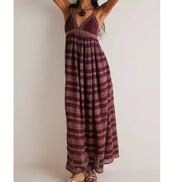 Free People Lotus cotton lace floral boho Maxi Dress in Fig Combo MED & Small - Picture 1 of 9